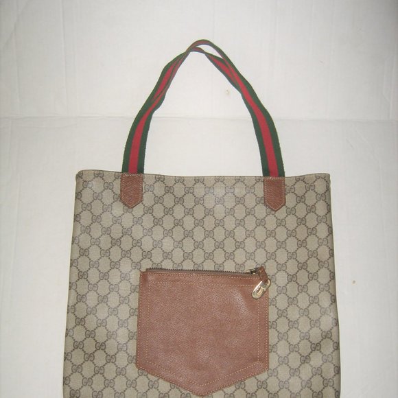 ❤️Authentic Vintage GUCCI SHOPPER TOTE PURSE & WALLET  Tan with Red Green Stripe - Picture 5 of 16